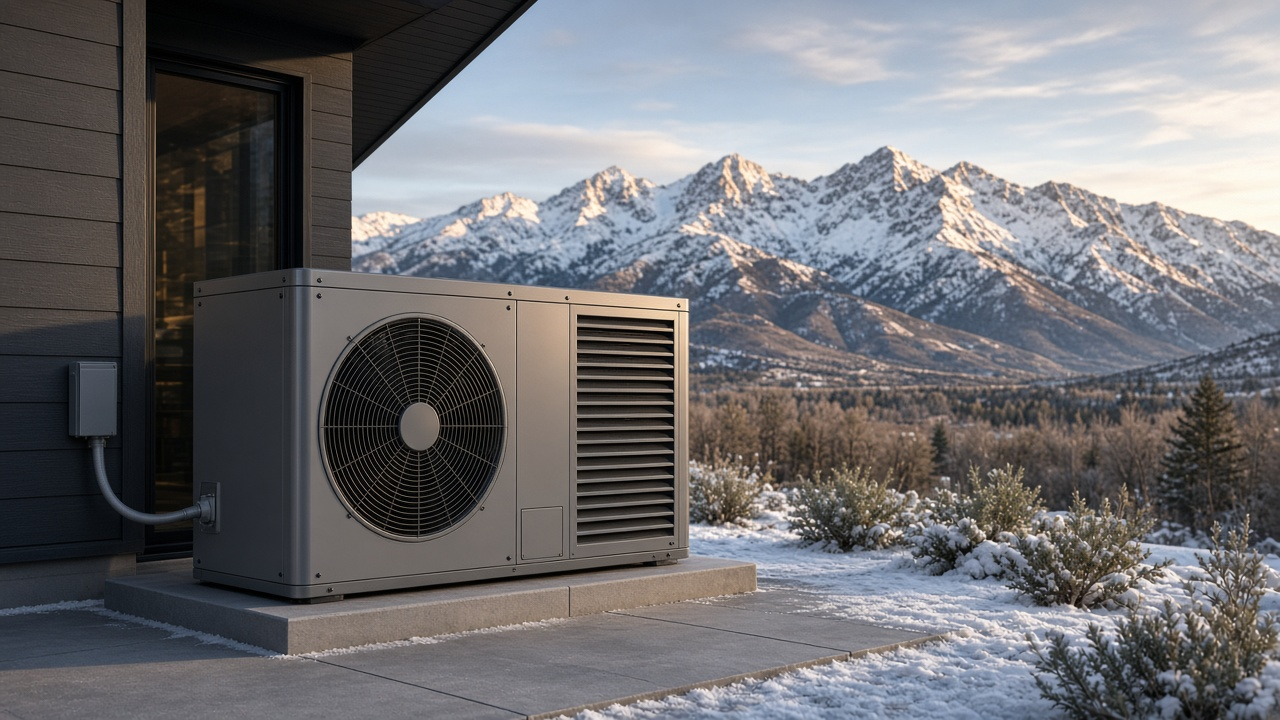 Outdoor heat pump condenser with Utah mountains beyond